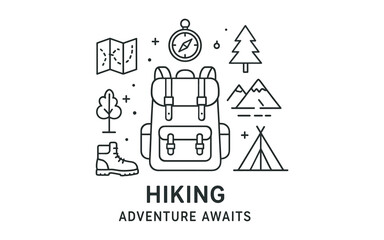 Outdoor adventure concept with backpack and camping icons in linear style