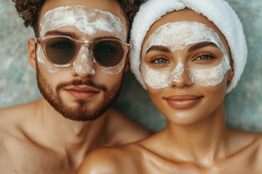 Couple enjoying a spa day with facial masks and sunglasses at home - Powered by Adobe