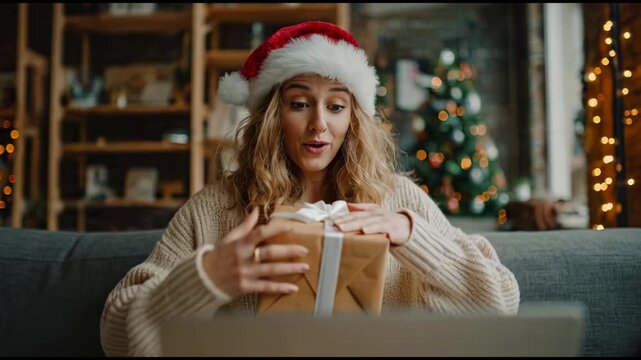 Girl in Christmas hat joyfully opens gifts on cozy couch surrounded by festive decorations