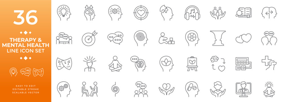 Comprehensive icon vector set for therapy and mental health, collection features editable line icons of psychology, counseling, and wellness concepts for a positive mind.