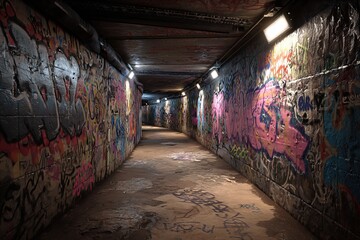 Graffiti-covered pedestrian underpass with harsh lights