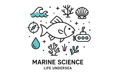 Marine science elements in linear design featuring undersea life and exploration icons