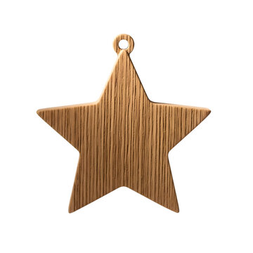 A wooden star shaped ornament with a hole for hanging against a black background in a close up shot