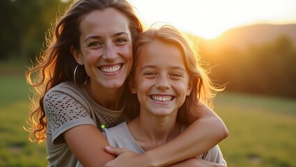 Mother and Daughter Embrace Joyfully in Golden Hour Light