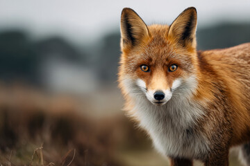 Fototapeta premium Wild fox with vibrant orange fur and captivating eyes, stands amidst lush foliage, highlighting the essence of nature and wildlife in a serene environment