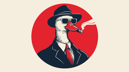 Cool retro duck character illustration in a stylish suit, fedora hat, and sunglasses smoking a cigar on a red circle