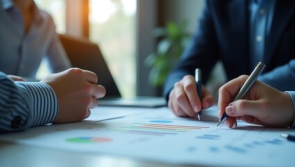 Business Meeting Analyzing Financial Charts with Pens