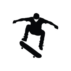 Fototapeta premium Dynamic black silhouette of a skateboarder performing an exhilarating aerial trick, embodying youthful energy and street sports culture