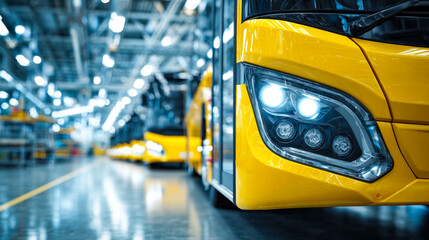 Modern yellow buses in an automotive manufacturing plant