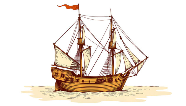 Historic Mayflower-style vessel, in rich wood and parchment tones, emblem of first Thanksgiving journey, against transparent background
