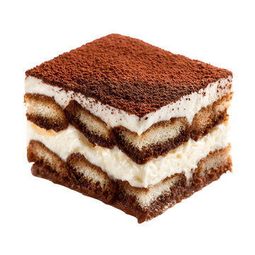 Close up shot of a square tiramisu dessert with cocoa powder on top and layers of cream and biscuits
