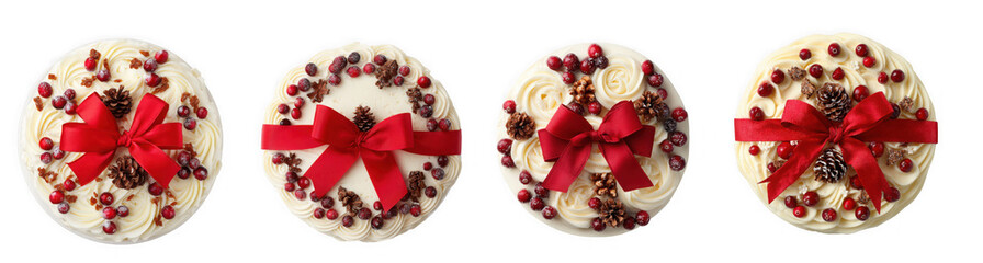 Naklejka premium Four round christmas cookies decorated with red bows and chocolate chips, isolated on transparent background
