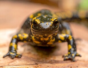 Close-up of a salamander with black skin and yellow spots