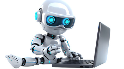 Fototapeta premium Robot using a laptop 3d rendered, isolated on transparent background