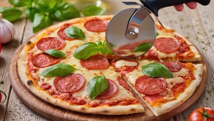 Delicious Pepperoni Pizza Topped With Fresh Basil Being Sliced at a Rustic Wooden Table