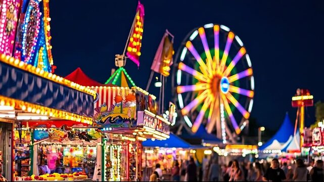 A vibrant carnival scene with bright lights and a ferris wheel at night.