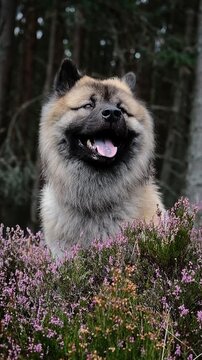 Fawn Eurasier sitting in blooming heather, vertical video, Balmoral forest