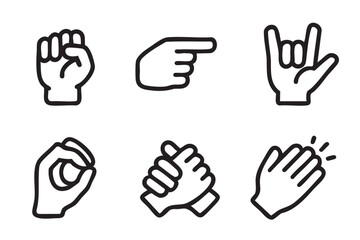 Obraz premium Black outline vector icons of hand gestures, including fist, pointing finger, 