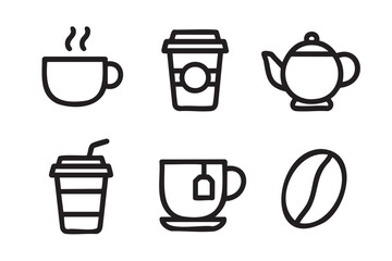 Fototapeta premium Simple black outline icons of coffee cups, teapot, takeaway cups, and a coffee bean, representing drink and cafe culture.