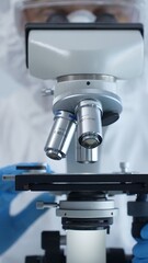 Medical virologist in a hazmat suit, mask, and gloves, diligently working at a microscope in a laboratory researching viruses. Healthcare and science concept