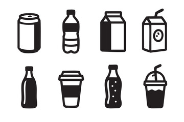 Fototapeta premium Set of eight black and white icons representing various beverage containers including cans, bottles, and cartons with simple, bold outlines.