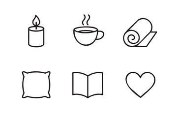 Black outline icons of a candle, steaming coffee cup, yoga mat, pillow, open book, and heart, representing relaxation and comfort essentials.
