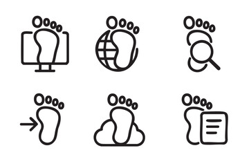 Black outline icons of footprints symbolizing digital presence, including a computer monitor, globe, magnifying glass, cloud, and document.
