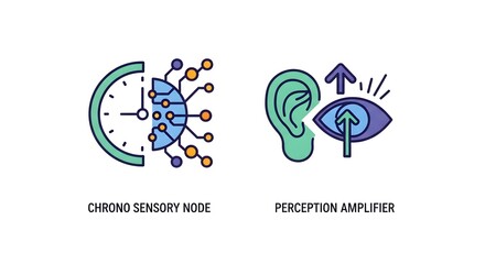 Flat vector icons for cognitive enhancement concepts like a mental rhythm adjuster and sensory perception amplification on a white background