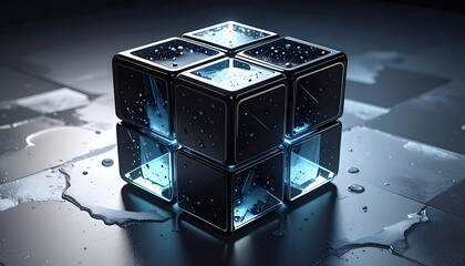 Abstract cube, illuminated with blue light on a reflective surface