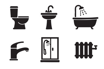 Black silhouette icons of various bathroom fixtures, including a toilet, sink, bathtub, faucet, shower enclosure, and radiator.