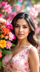Naklejka premium A young woman poses with flowers, soft focus background