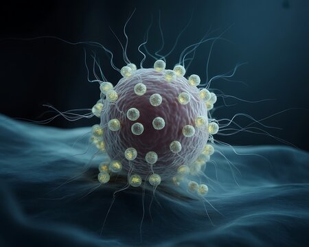 Microscopic view of a virus particle with spikes and internal structure, scientific illustration - Powered by Adobe