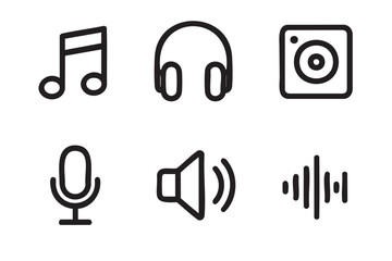 Minimalist black outline icons depicting music note, headphones, speaker, microphone, audio waves, and sound volume.