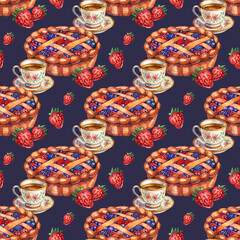 Seamless pattern with vintage variety set of sweet dessert, cupcakes, cake, pies and jams with berries isolated on white background. Watercolor hand drawn illustration sketch