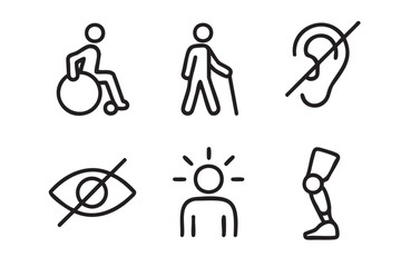 Set of six black outline icons representing disability: wheelchair user, person with cane, hearing impairment, vision impairment, mental health, and prosthetic limb.