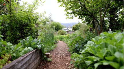 permaculture concept with a green outdoor garden and overgrown natural walkway through it