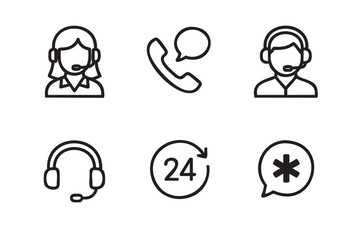 Black outline icons depicting customer service representatives, a phone with a speech bubble, headphones, a 24-hour symbol, and an asterisk in a speech bubble.