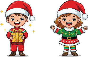 Cartoon children Christmas costumes, Santa hat, gift box, festive dress, holiday celebration, cheerful pose, green outfit, red sweater, joyful, standing