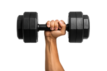 Hand Holding Heavy Black Dumbbell – Fitness and Strength Training Concept Isolated on Transparent Background (PNG)