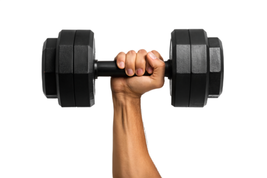 Hand Holding Heavy Black Dumbbell – Fitness and Strength Training Concept Isolated on Transparent Background (PNG) - Powered by Adobe