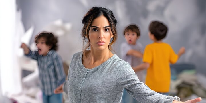 confused woman dynamic pose, with kids arguing and rampaging in chaotic messy living room background -