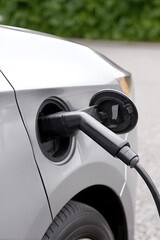 electric vehicle charger plugged into ev charging port - automotive and automobile concept