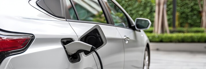 electric vehicle charger plugged into ev charging port - automotive and automobile concept