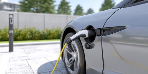 electric vehicle charger plugged into ev charging port - automotive and automobile concept