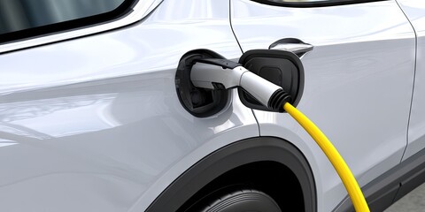 electric vehicle charger plugged into ev charging port - automotive and automobile concept