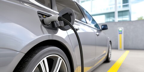 electric vehicle charger plugged into ev charging port - automotive and automobile concept