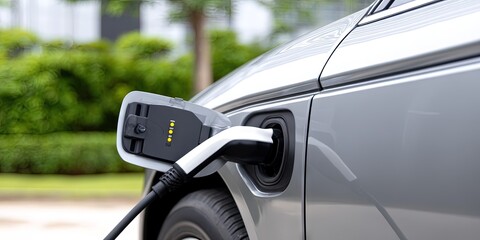 electric vehicle charger plugged into ev charging port - automotive and automobile concept