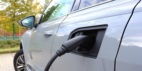 electric vehicle charger plugged into ev charging port - automotive and automobile concept