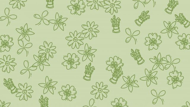 Background with scattered green flowers, clovers, small pots. Ideal for st. Patricks day, spring design, gardening concepts, festive projects.
