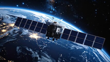 Satellite in Orbit over Planet Earth, with Glowing City Lights, Space Scene - Powered by Adobe